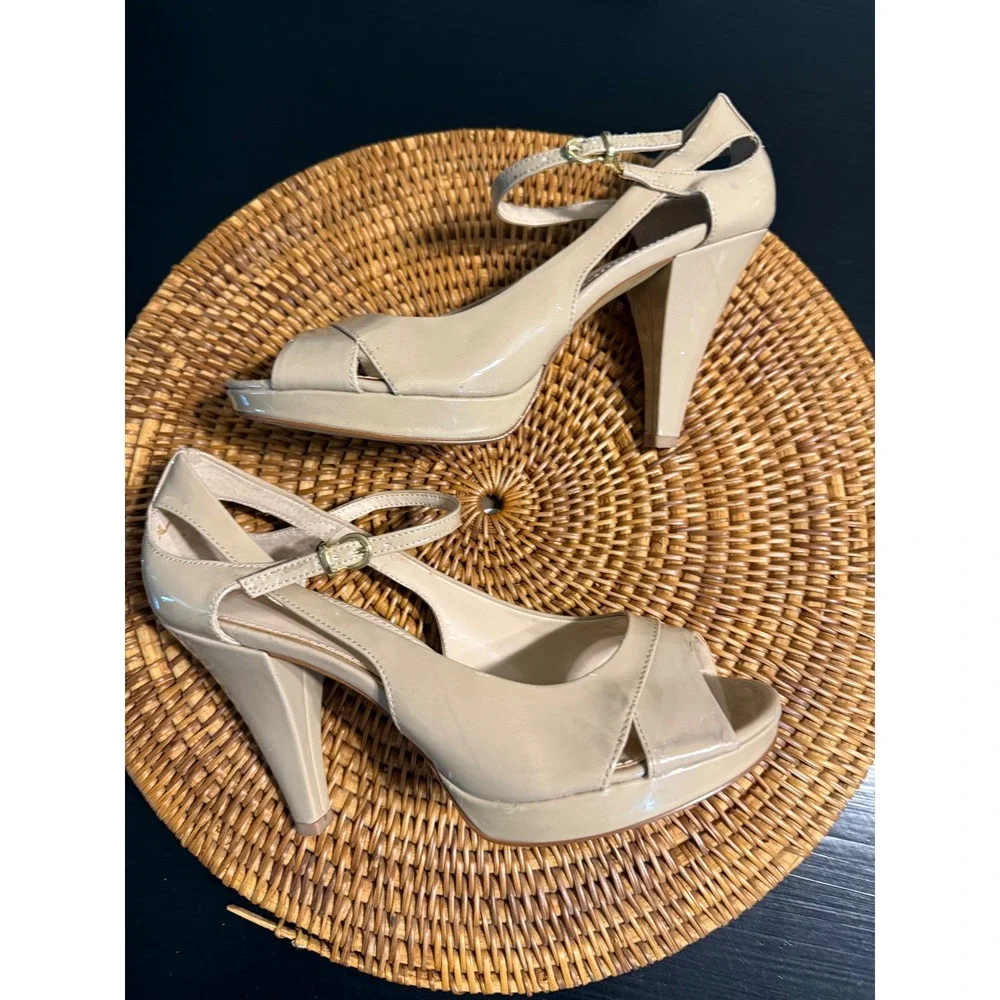Franco Sarto Nude Patent Peep Toe Platform Heels Ankle Strap Pumps Size 8.5M